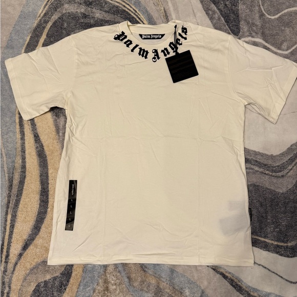 Palm Angels Spellout Neck Logo White T-Shirt Size Large - Picture 1 of 3